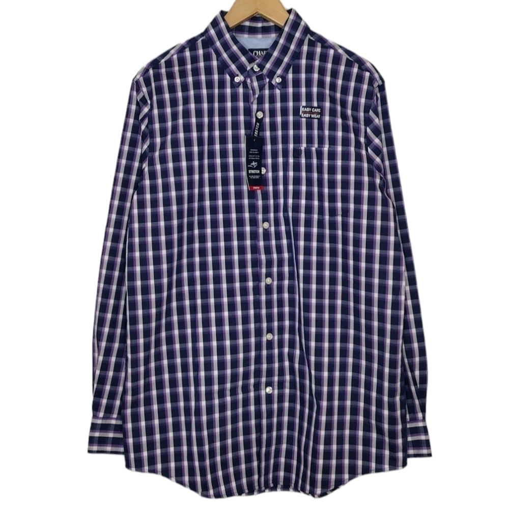 NWT Chaps Men's Medieval Blue Multi Windowpane Stretch Button Down Shirt Size M